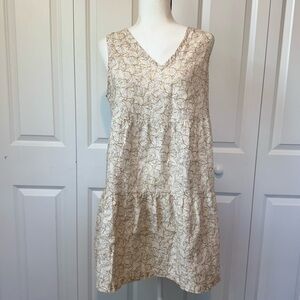 100% Linen Neutral Beige White Floral Tiered Sleeveless Mini Dress Natural Fiber